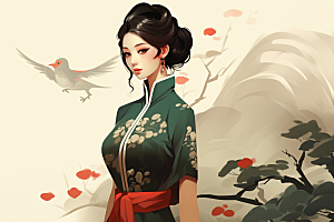 旗袍美女新中式传统插画