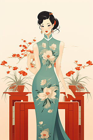旗袍美女中式美女高贵插画