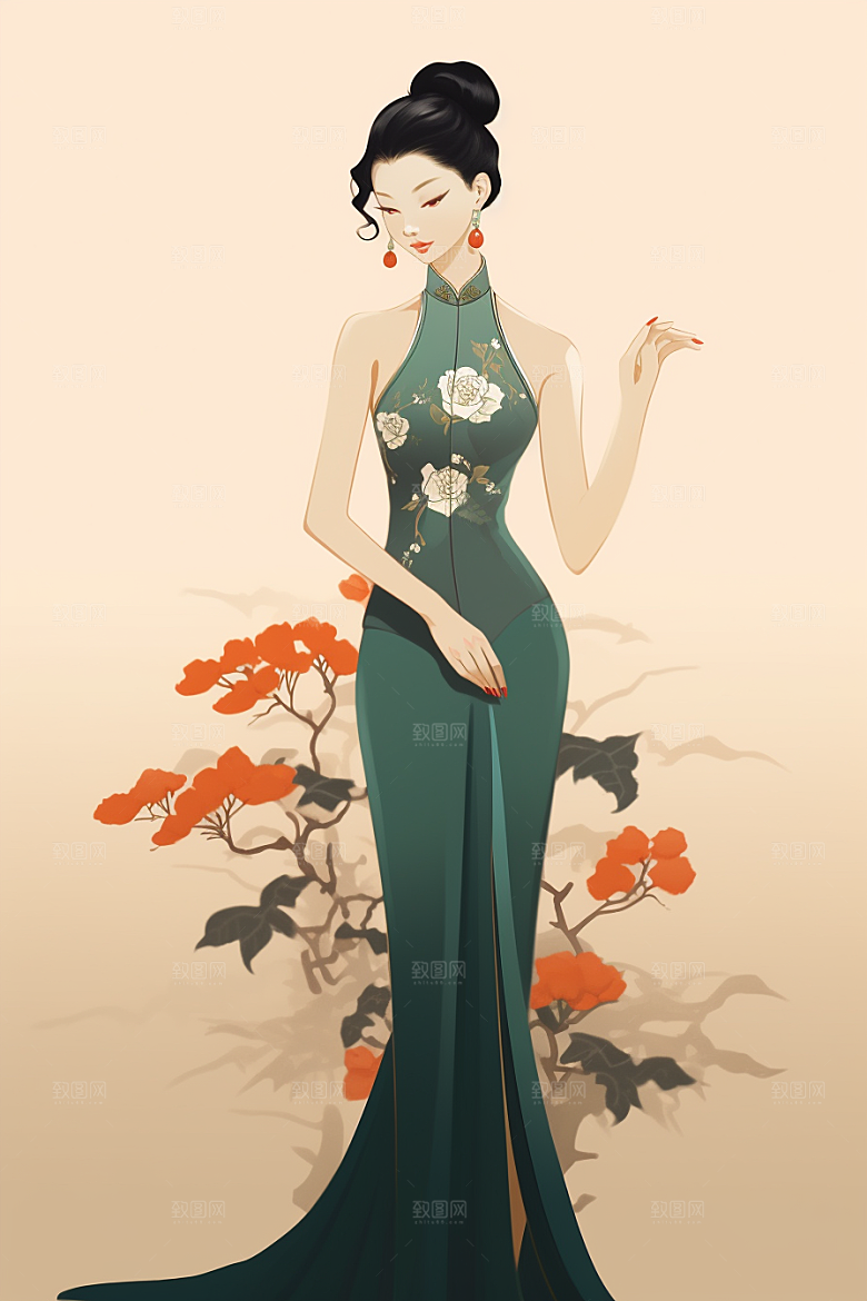 旗袍美女艺术高贵插画