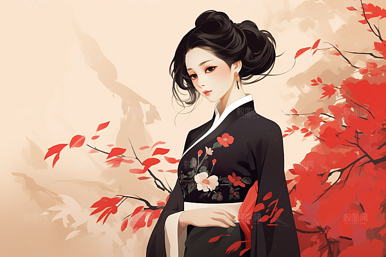 旗袍美女手绘水墨插画