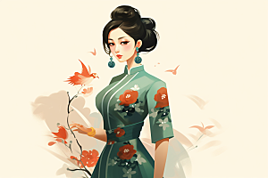 旗袍美女传统优雅插画