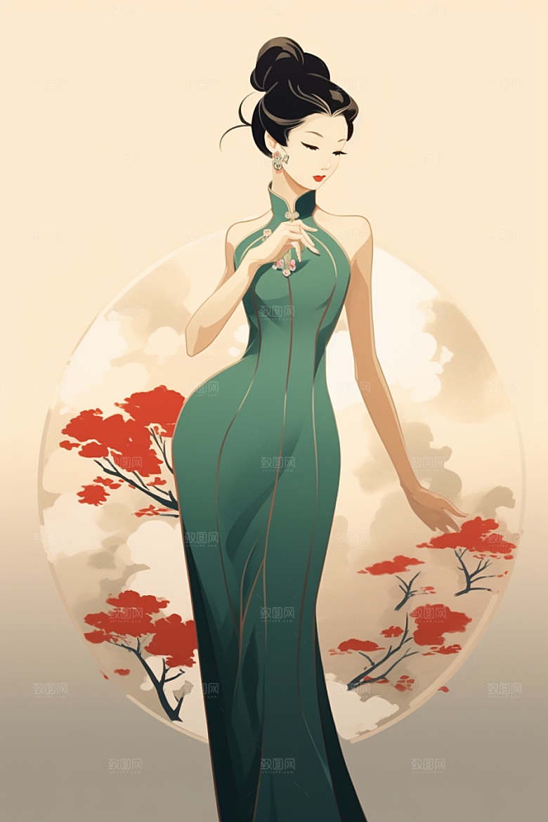 旗袍美女艺术传统插画