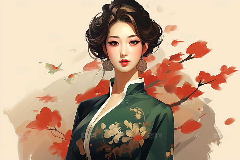 旗袍美女手绘中国风插画