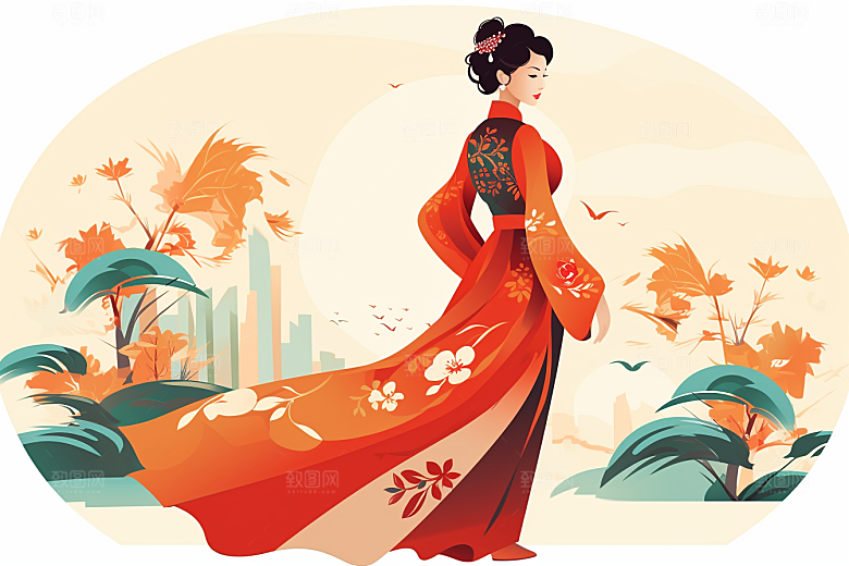 旗袍美女水墨艺术插画