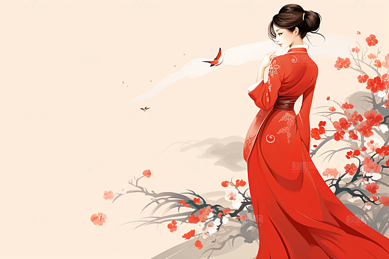 旗袍美女手绘优雅插画