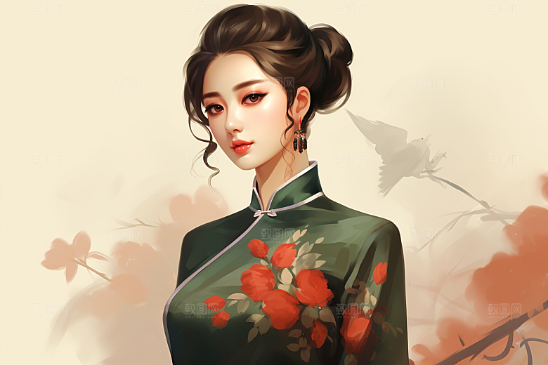 旗袍美女传统艺术插画