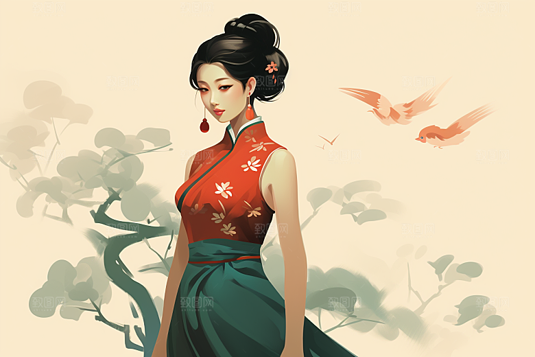 旗袍美女优雅艺术插画
