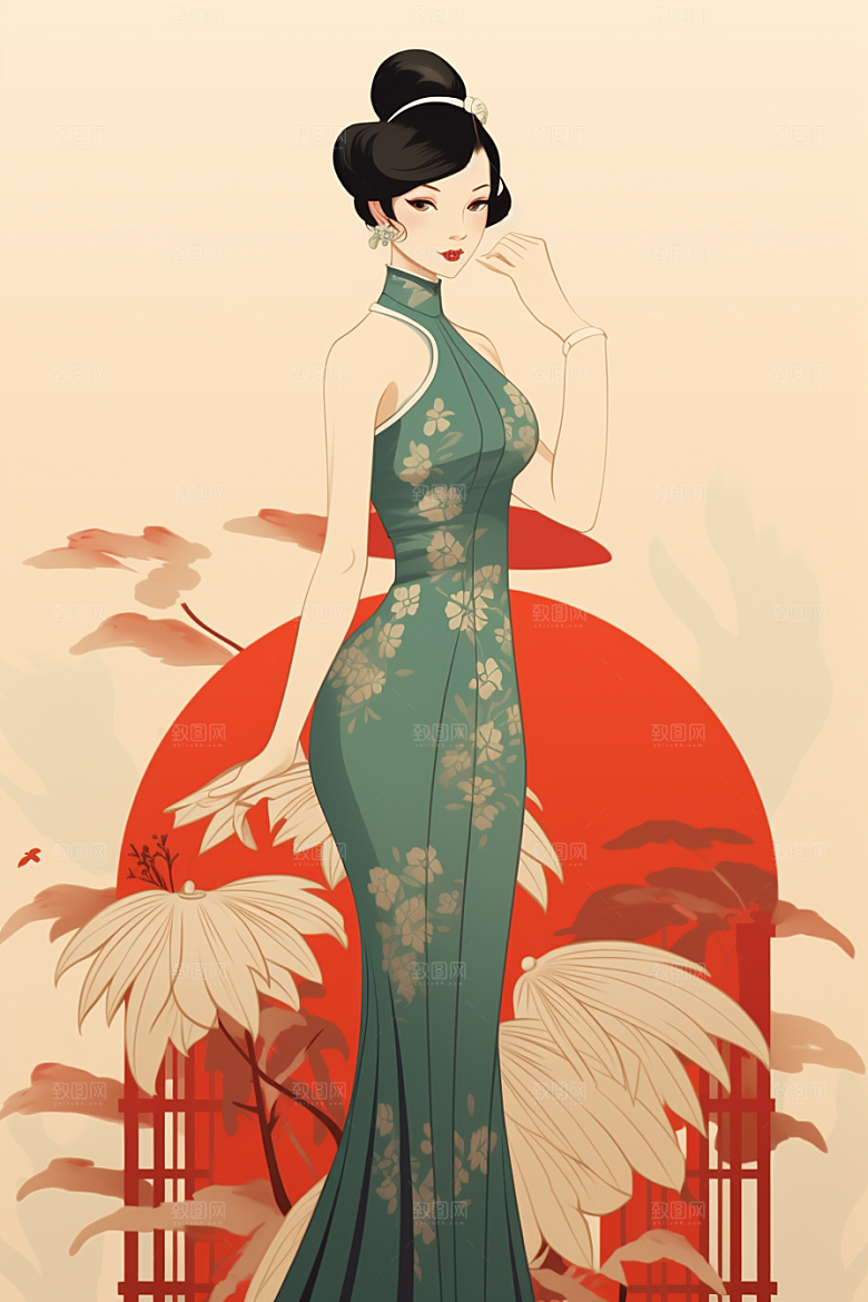 旗袍美女优雅传统插画