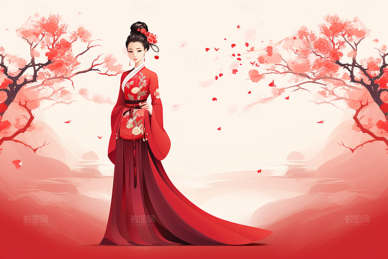 旗袍美女优雅手绘插画