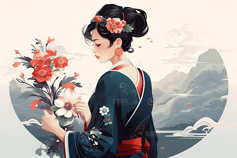 旗袍美女中国风手绘插画
