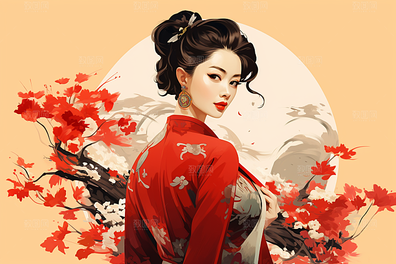 旗袍美女中式美女优雅插画