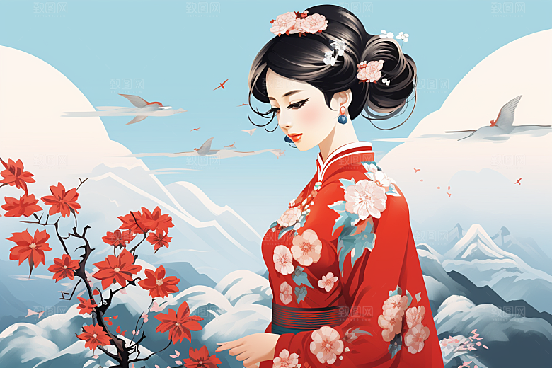 旗袍美女高贵新中式插画