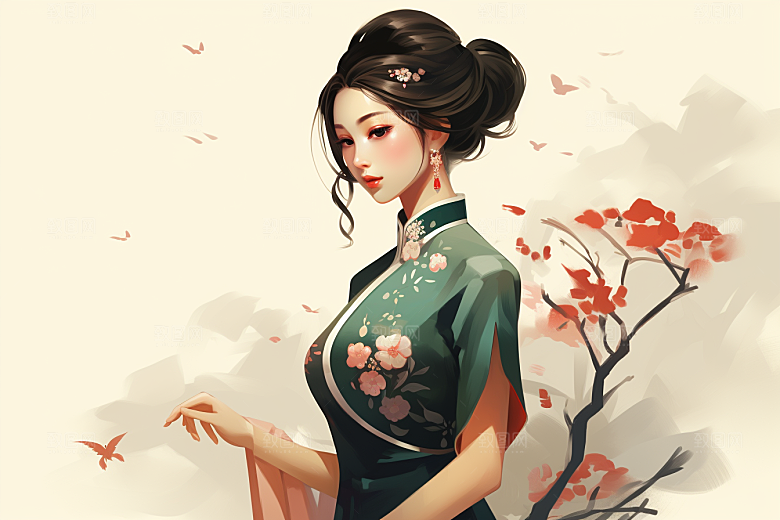 旗袍美女新中式高贵插画