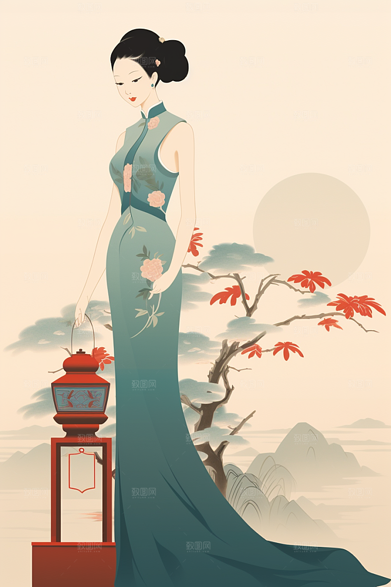 旗袍美女传统优雅插画