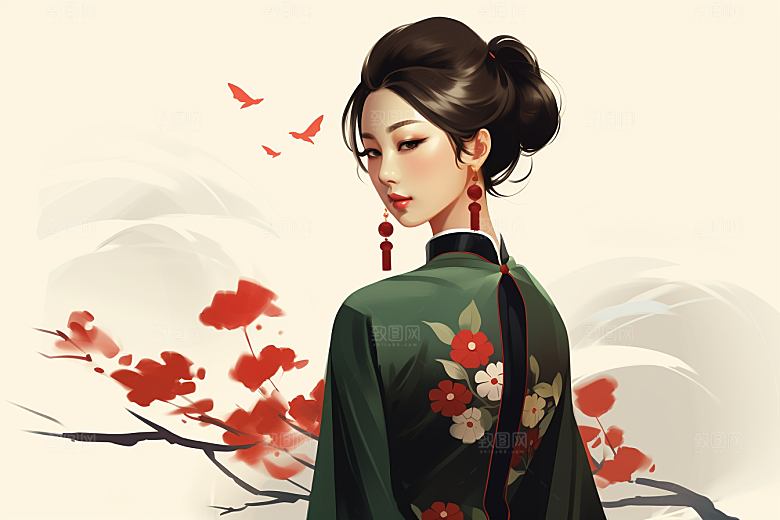 旗袍美女典雅中式美女插画