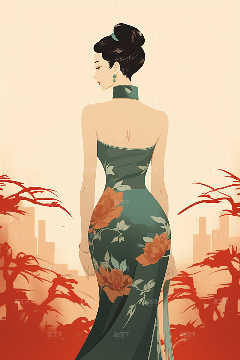 旗袍美女中国风典雅插画