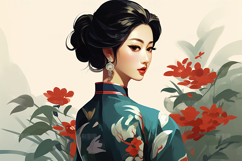 旗袍美女中式美女传统插画