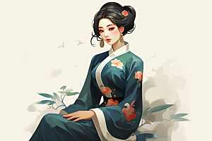 旗袍美女水墨中国风插画