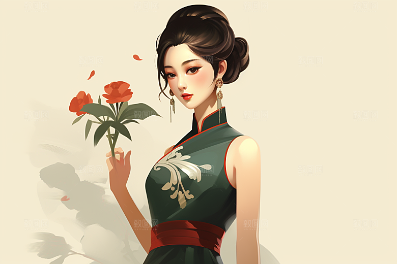 旗袍美女中国风水墨插画