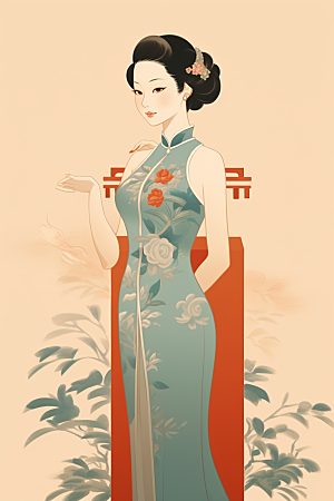 旗袍美女中式美女高贵插画