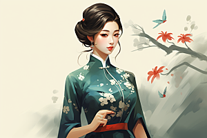 旗袍美女艺术中国风插画