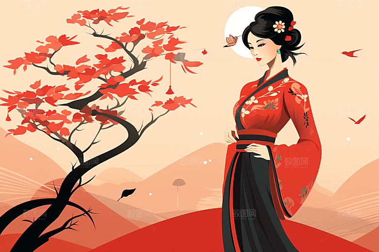 旗袍美女中式美女高贵插画