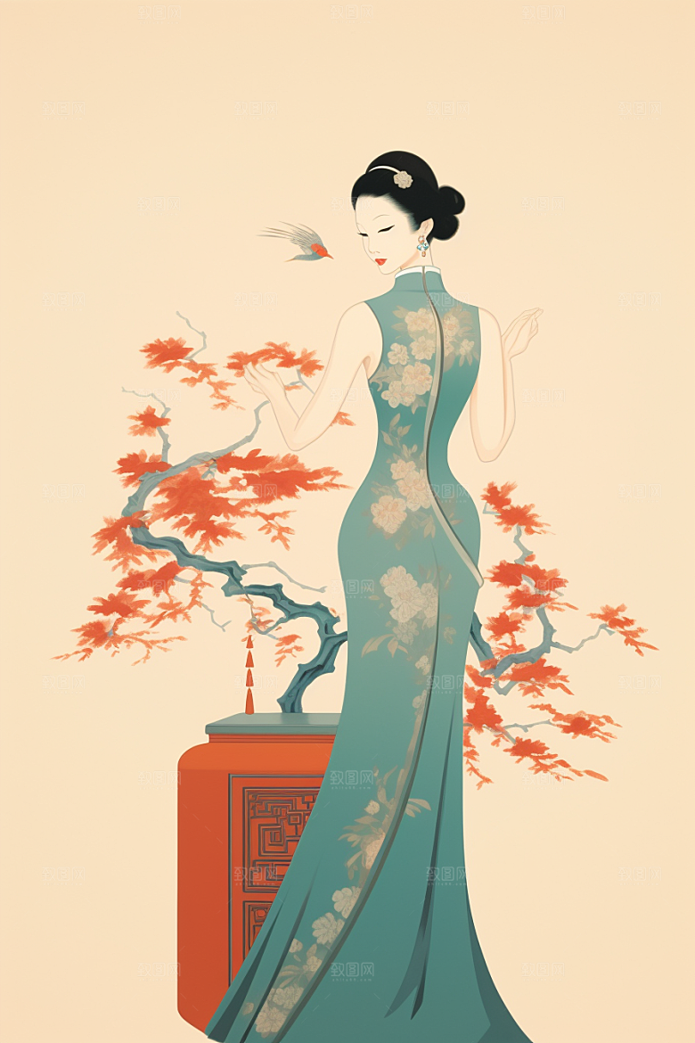 旗袍美女高贵艺术插画