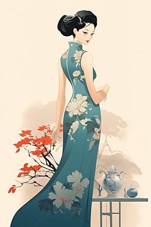 旗袍美女高贵传统插画