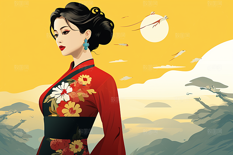 旗袍美女新中式中式美女插画