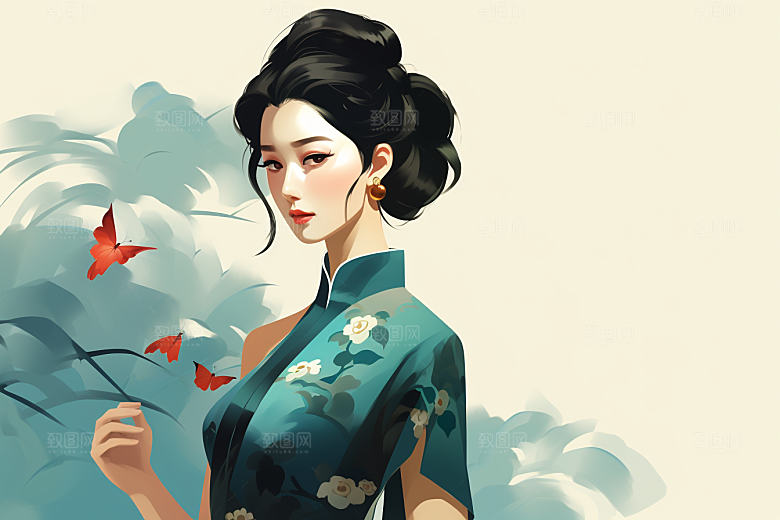 旗袍美女新中式中国风插画