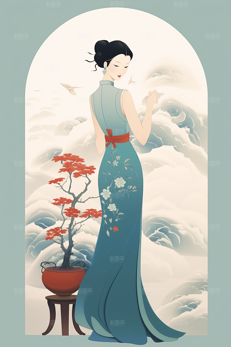 旗袍美女艺术中国风插画