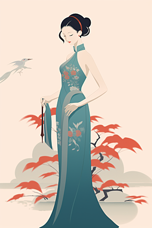 旗袍美女中国风优雅插画