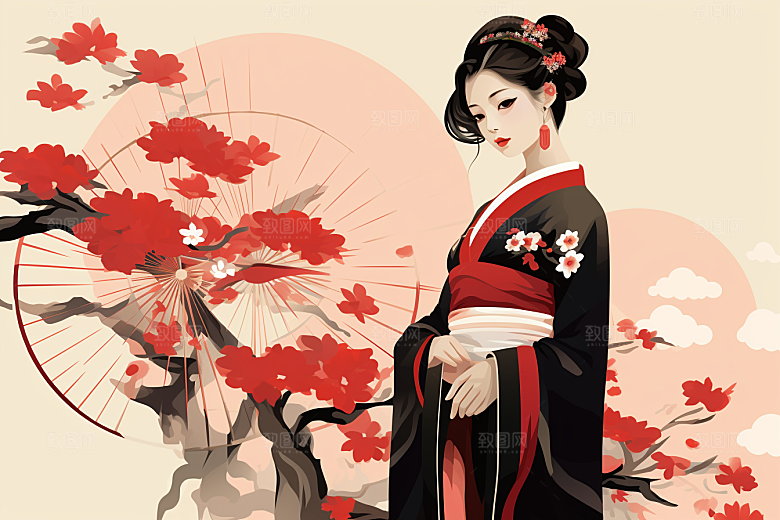 旗袍美女水墨中式美女插画