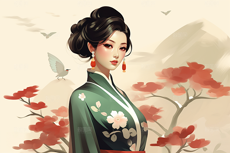 旗袍美女优雅水墨插画