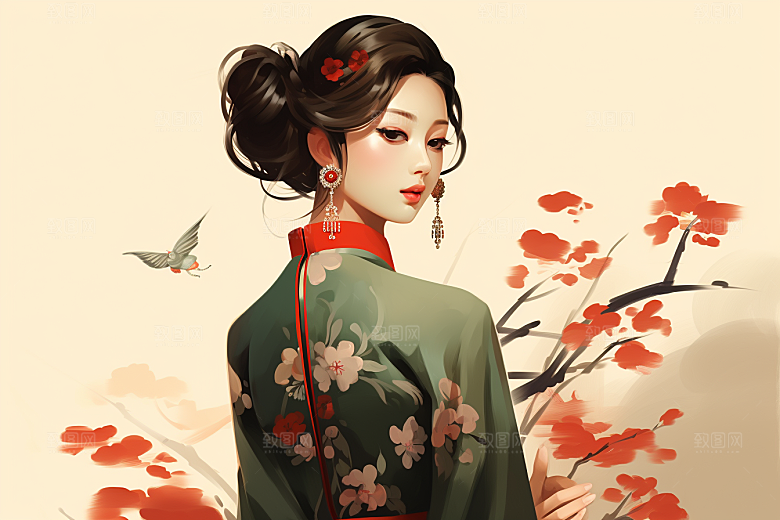 旗袍美女优雅水墨插画