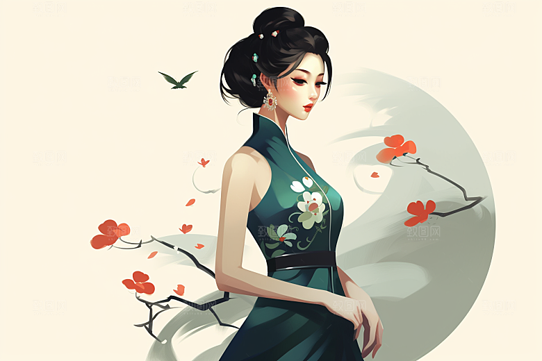 旗袍美女中式美女水墨插画