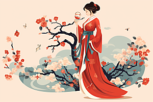 旗袍美女中式美女典雅插画