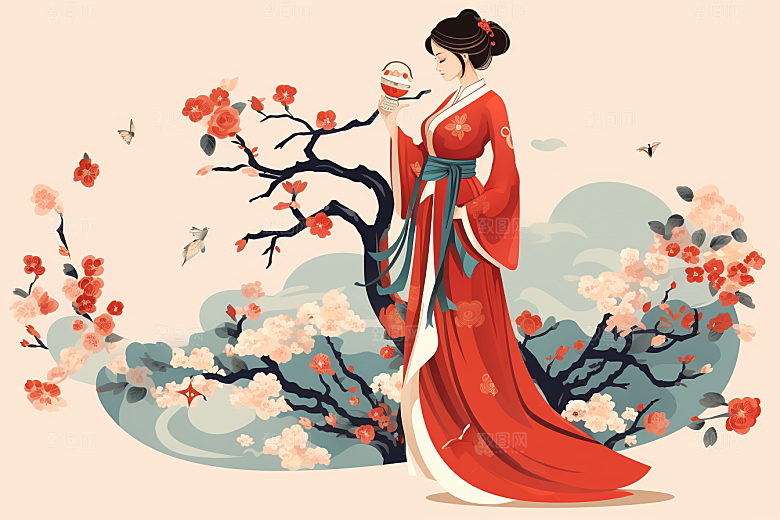 旗袍美女中式美女典雅插画