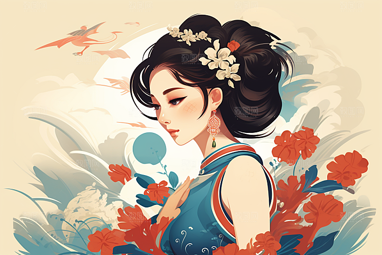 旗袍美女艺术中式美女插画