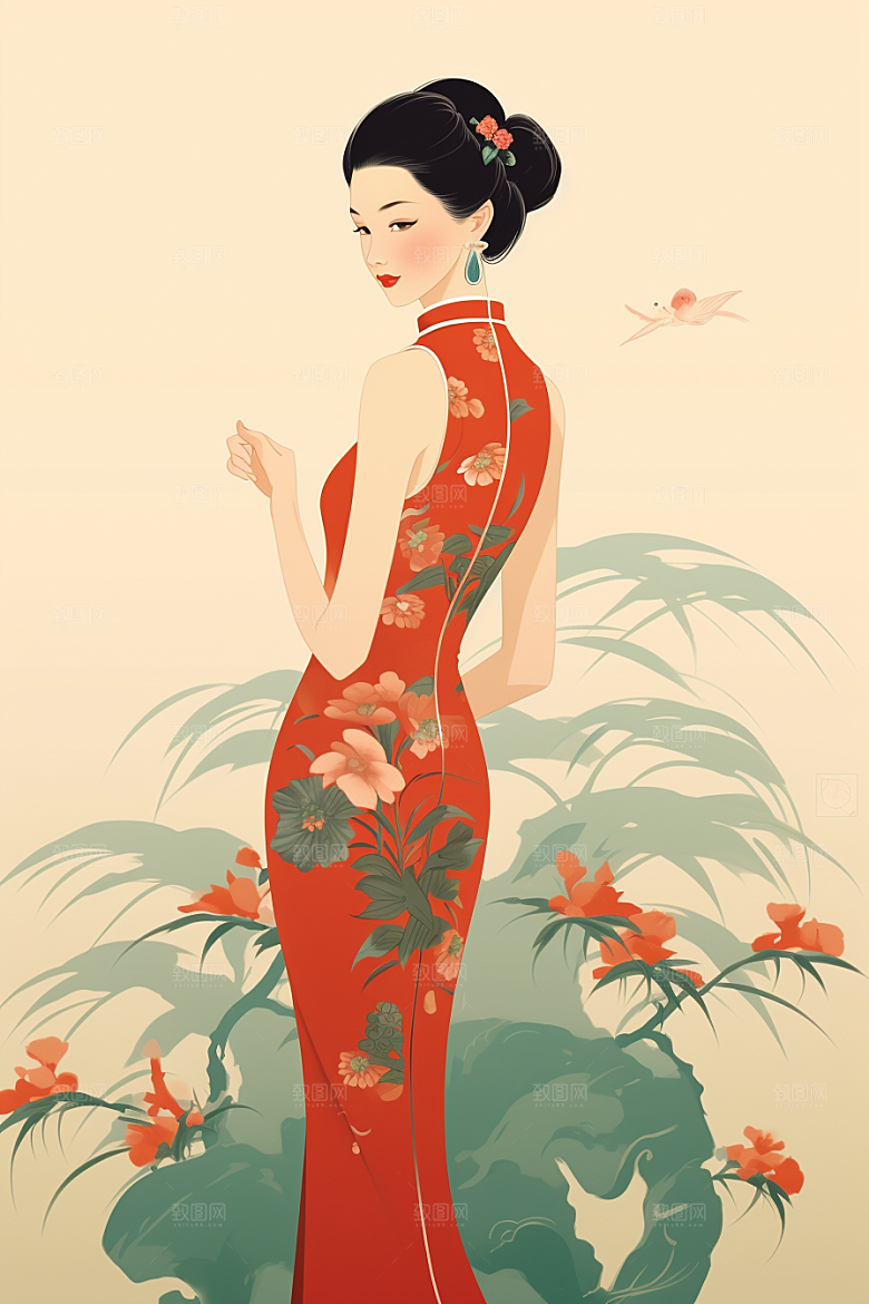 旗袍美女中国风中式美女插画