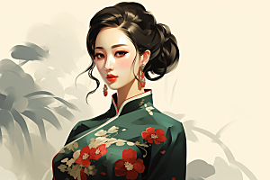 旗袍美女中式美女优雅插画