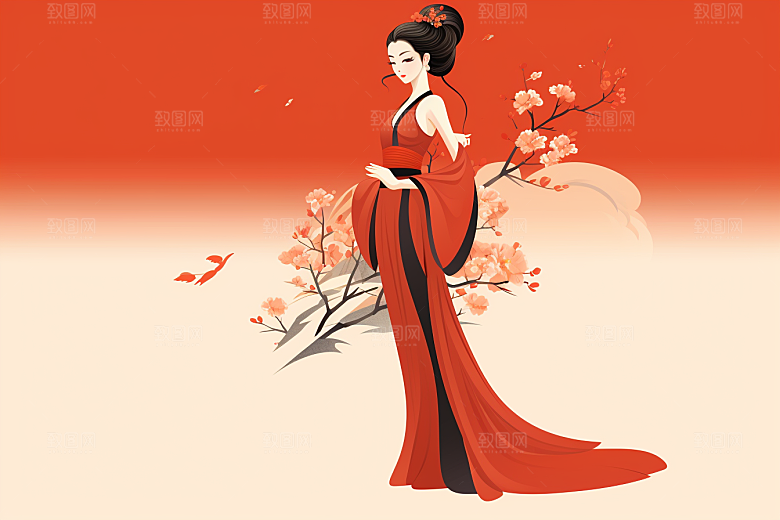 旗袍美女水墨典雅插画