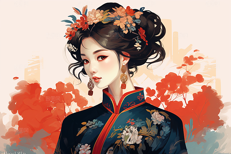 旗袍美女水墨优雅插画