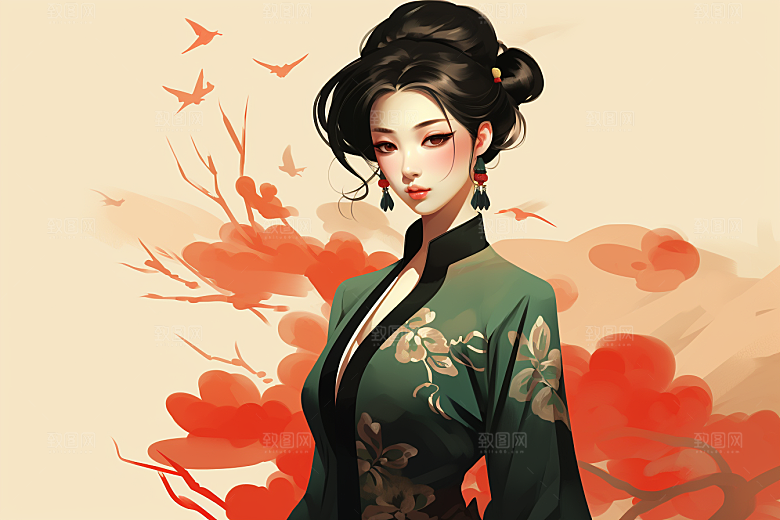 旗袍美女新中式高贵插画