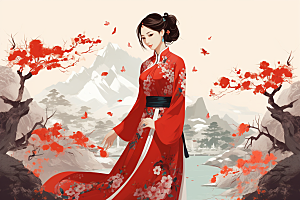 旗袍美女中式美女传统插画
