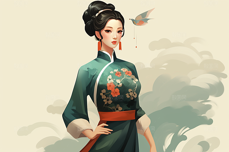 旗袍美女新中式传统插画