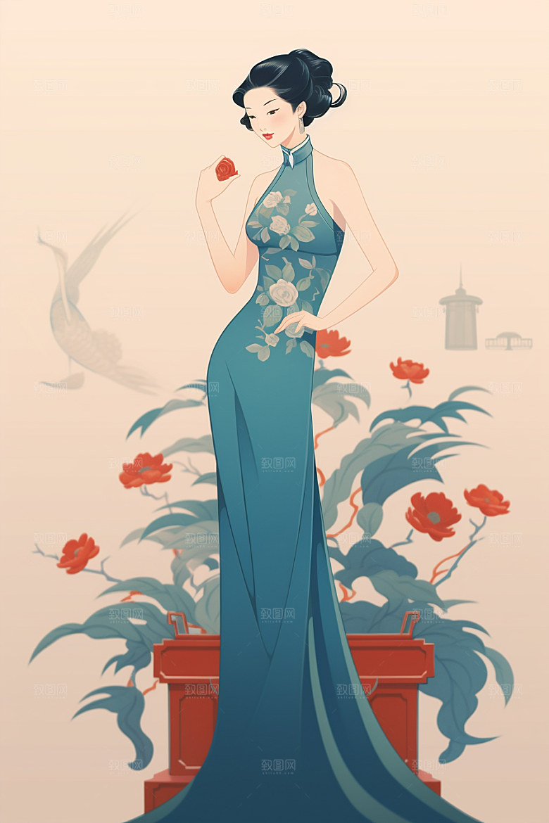 旗袍美女优雅中式美女插画