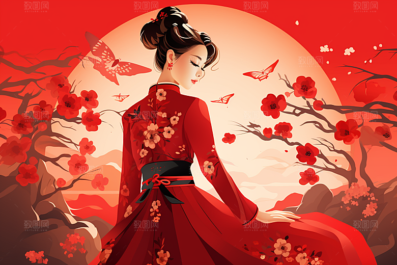 旗袍美女水墨中国风插画