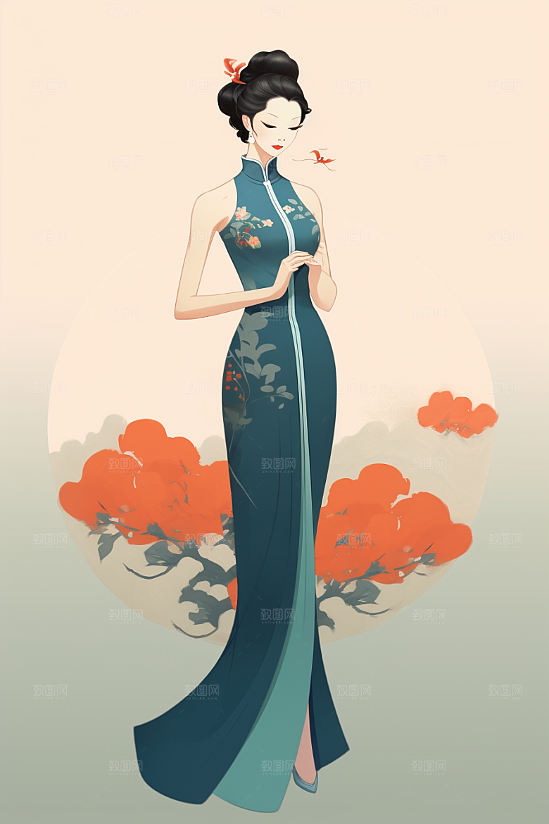 旗袍美女典雅传统插画