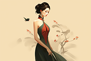 旗袍美女典雅中国风插画
